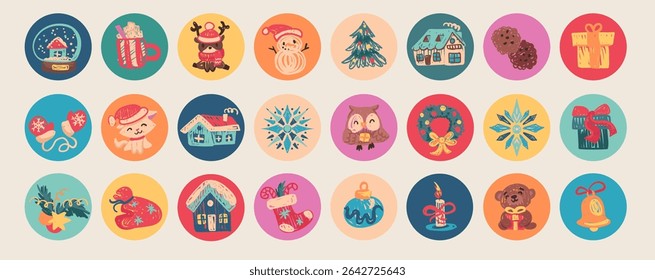 Round Christmas stickers in crayon kids style. Merry Christmas and Happy New Year. Vector illustration, childlike labels with cute characters and elements