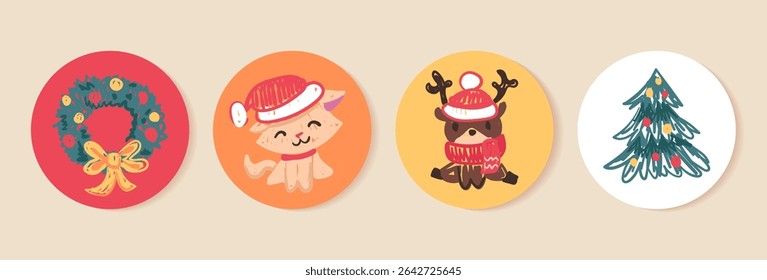 Round Christmas stickers in crayon kids style. Merry Christmas and Happy New Year. Vector illustration, childlike labels with cute characters and elements
