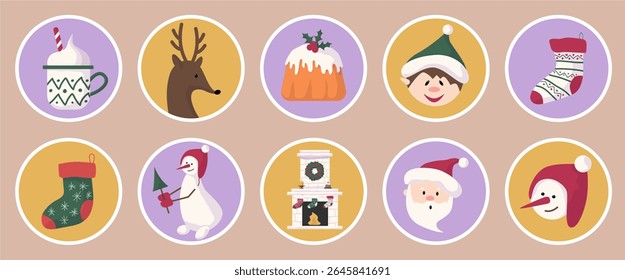 Round Christmas stickers featuring Santa, snowman, and penguin characters. Festive vector art for holiday greetings.