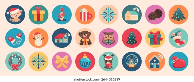 Round Christmas stickers in kids style. Merry Christmas and Happy New Year. Vector illustration, childlike labels with cute characters and elements
