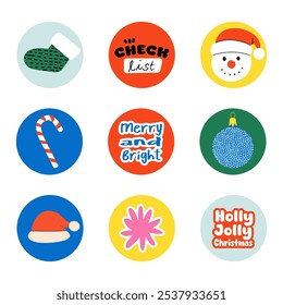 Round Christmas stickers labels with cute characters. Merry Christmas and Happy New Year. Vector illustration