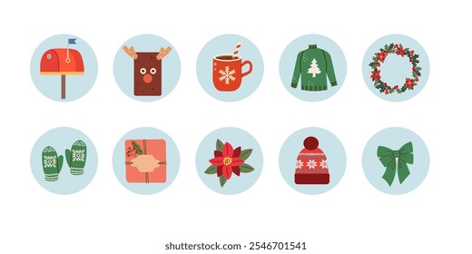 Round Christmas stickers labels with cute characters. Merry Christmas and Happy New Year. Vector illustration in flat doodle cartoon style for social media or web design .