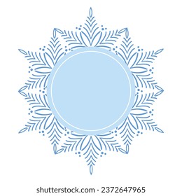 Round Christmas winter decorative snowflake round frame with empty blue center, decorated for greeting card, invitation, web design