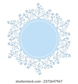 Round Christmas winter decorative snowflake round frame with empty blue center, decorated for greeting card, invitation, web design