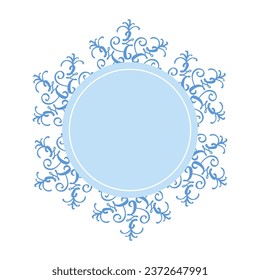 Round Christmas winter decorative snowflake round frame with empty blue center, decorated for greeting card, invitation, web design