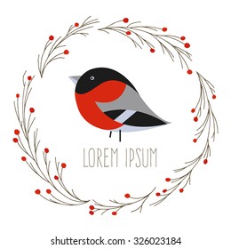 Round Christmas wreath with bullfinch and berry; vector illustration