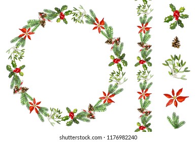 Round Christmas wreath with cone, fir branches, Holly, poinsettia, caramel cane, mistletoe isolated on white. Endless vertical pattern brush. For Christmas design, announcements, postcards, posters.