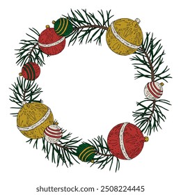 Uma coroa redonda de Natal com ramos de abeto e bolinhas festivas. O esboço estilo vintage é perfeito para criar cartões de férias, com espaço para texto. Ilustração de vetor desenhada à mão