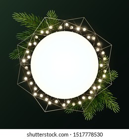 Round Christmas wreath with fir branches and luminous garland of bulbs. Circle with space for text. Vector flyer or banner template.