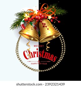 Round Christmas wreath with golden bells, isolated design component.