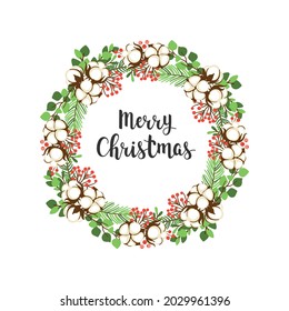 Round Christmas wreath with green pine branches cotton and berries. Design decoration for winter holiday.  New year frame. Vector illustration.