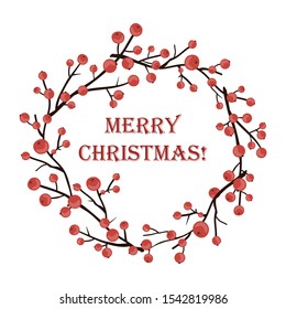Round Christmas wreath with holly branches isolated on white. Vector illustration. For festive design, announcements, postcards, invitations, posters.