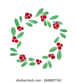 Round Christmas wreath with holly branches isolated on white. Berry and leaves frame. For festive design, announcements, postcards, invitations, posters.