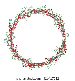 Round Christmas wreath with holly branches isolated on white. For festive design, announcements, postcards, invitations, posters.
