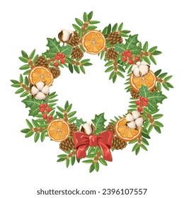 Round Christmas wreath isolated on white background. Vector illustration.