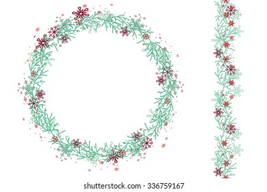 Round Christmas wreath  isolated on white. Endless vertical pattern brush. For festive design, announcements, postcards, posters.