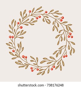 Round Christmas wreath of leaves and berries. Seasonal hand drawn vector illustration.