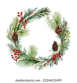 Round Christmas wreath vector watercolor style. Vector illustration