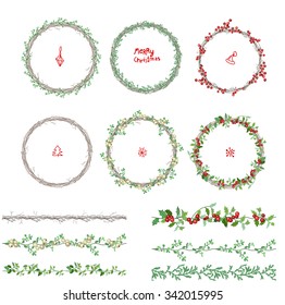 Round Christmas wreathes. Different plants and fir branches. Endless pattern brushes. For festive design, announcements, postcards, posters.