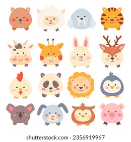 Round chubby fat animal and bird domestic farm, zoo and wild forest creature character isolated set. Vector illustration of cute bear, ship, hare, owl, pig, panda, bunny, deer, cow, koala, fur seal