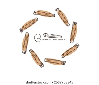 Round cinnamon Frame, Wreath. Doodle cinnamon vector illustration with inscription. Seasoning for food, drinks. Organic product sketch for packaging, sale, shop sign. Flavor cooking ingredient.