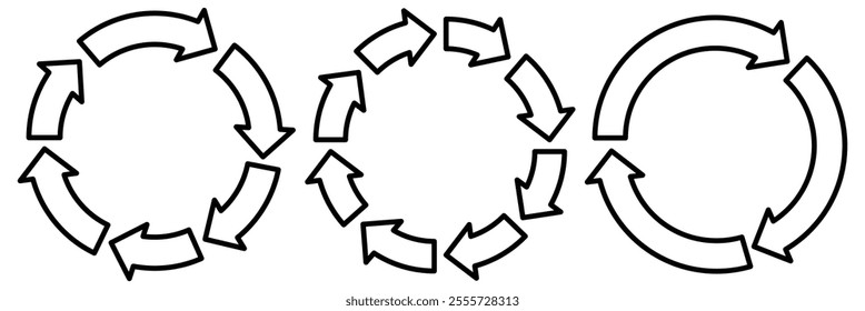 Round, circle arrow icon set. Circle arrows icon set. different circular arrows of white background. Recycle icon set. Set of black circle outline arrows. Vector illustration.