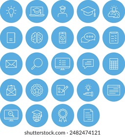 Round circle blue button icon set of education learning school university textbook. Thin line icons, flat vector illustrations, isolated on transparent background