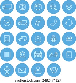 Round circle blue button icon set of logistics delivery courier express shipping order tracking support business. Thin line icons, flat vector illustrations, isolated on transparent background