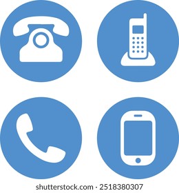 Round circle blue icon set of contact, communication, call, phone, telephone, connection, service, business. Thin line icons flat vector illustrations isolated on white transparent background