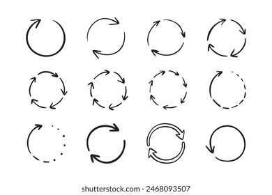 Round circle doodle arrows. Hand drawn arrow icons set. Recycle sketch signs. Repeat line symbols. Vector illustration