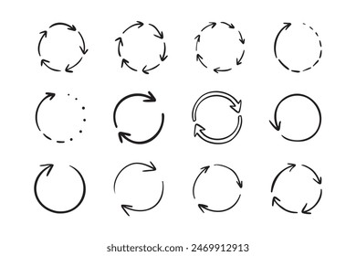 Round circle doodle arrows. Hand drawn arrow icons set. Recycle sketch signs. Repeat line symbols. Vector illustration
