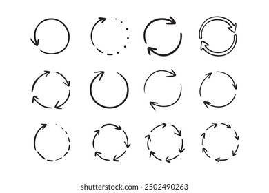 Round circle doodle arrows. Hand drawn arrow icons set. Recycle sketch signs. Repeat line symbols. Vector illustration