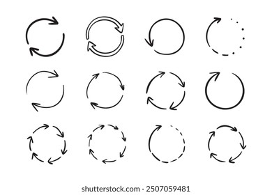 Flechas de doodle de círculo redondo. Conjunto de iconos de flecha dibujados a mano. Recicla letreros de boceto. Repita los símbolos de línea. Ilustración vectorial