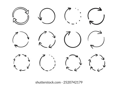 Setas redondas de rabiscar círculo. Ícones de seta desenhados à mão definidos. Reciclar sinais de esboço. Repetir símbolos de linha. Ilustração vetorial