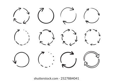 Round circle doodle arrows. Hand drawn arrow icons set. Recycle sketch signs. Repeat line symbols. Vector illustration