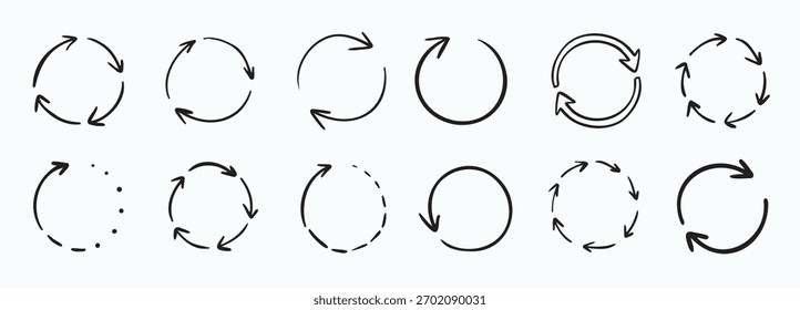 Flechas de doodle de círculo redondo. Conjunto de iconos de flecha dibujados a mano. Recicla letreros de boceto. Repita los símbolos de línea.