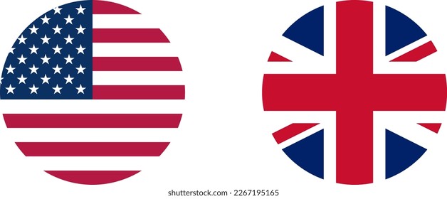 Round Circle Flag Selection Button Badge Icon Set including USA United States of America and UK United Kingdom Flags. Vector Image.