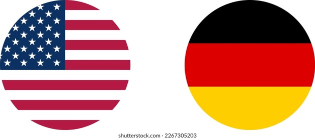 Round Circle Flag Selection Button Badge Icon Set including USA United States of America and Germany Flags. Vector Image.