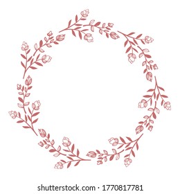 Round circle floral branch border with leaves and flowers hand drawn for design element on white, stock vector illustration