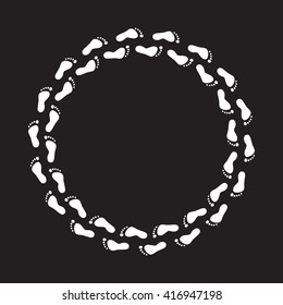 Round circle foot steps. White foot steps on black background. Abstract logo.  Vector clockwise feet track