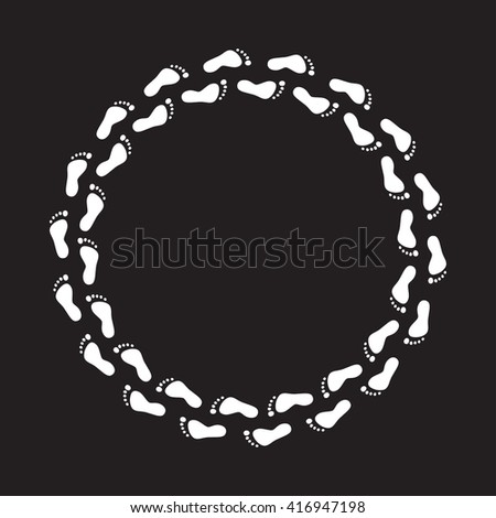 Round circle foot steps. White foot steps on black background. Abstract logo.  Vector clockwise feet track