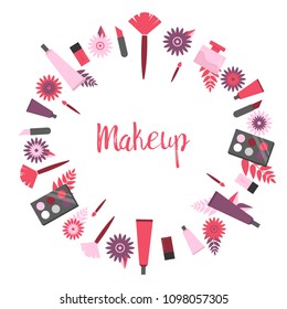 Round, circle frame with cosmetics and makeup text