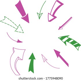 Round, circle frame with pink and green arrows, center directions