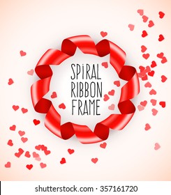 Quadro circular redondo de fita espiral vermelha com confete de corações para Dia de São Valentim. ilustração vetorial. Objetos transparentes usados para desenho de luzes e sombras.