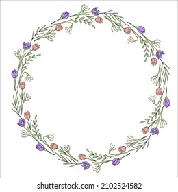 Round circle frame with spring flowers hand drawn for design