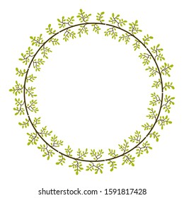 round or circle frame with stem and leaf motifs. natural floral border style. delimiter for text or banners with isolated white background.