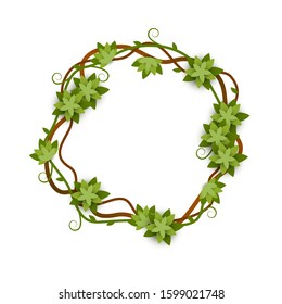 Round and circle frame of vines and leaves with lianas, concept of jungle and rainforest. Tropical jungle plant with vines. Isolated vector flat illustration and background in jungle style.