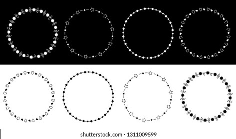 Runder Kreis-Kranz-Symbol-Set Linie. Daisy Blume, Sternschaukel, Blatt, Punktdekoration Element. Flaches Design. Weißer Hintergrund. Einzeln. Vektorgrafik