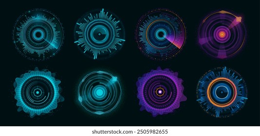 Round circle futuristic chart and HUD interface dashboard elements, vector infographic diagrams. HUD radar scans and sonar detectors with target aim monitor for dashboard info data charts and graphs