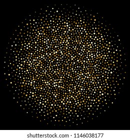 Circulo redondo de puntos dorados o brillo de confeti salpicado. Planilla de fondo de pizarra de fuegos artificiales de oro de brillo vectorial para tarjetas de felicitación o diseño de fondo de moda